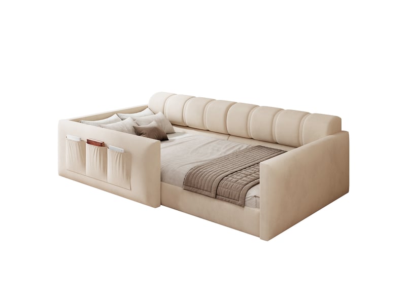  Lit banquette enfant 90x200 cm avec tête de lit rembourrée épaisse poches latérales lit rembourré avec rangement velours beige BUYDEEMEUS - Conforama A