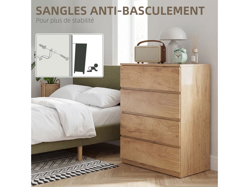  Commode 4 tiroirs meuble de rangement sans poignées design minimaliste naturel 60 x 40 x 80 cm  - Conforama R