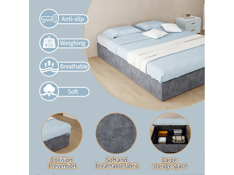  Lit coffre 140x200 cm avec matelas gris en tissu velours et métal  - Conforama E