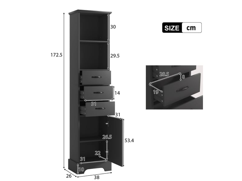Meuble de salle de bain 38x26x172,5 cm avec ses 3 tiroirs, rangement ajustable, armoire de rangement, en mdf noir - Conforama C