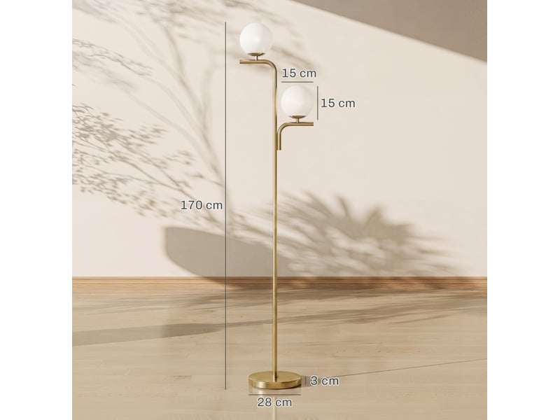  Lampadaire led 33x28x170 cm doré, verre et acier, double tête, 3 températures de couleur, interrupteur au pied  - Conforama C