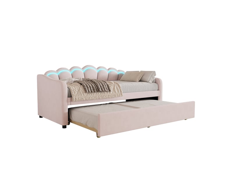  Lit banquette velours rose 90x200 avec lit d'appoint gigogne et éclairage led multicolore, sans matelas  - Conforama A