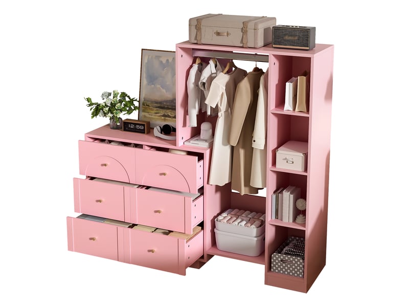 Armoire penderie rose 6 tiroirs, dressing ouvert métal et bois, vestiaire chambre enfant 139x35x133 cm - Conforama A