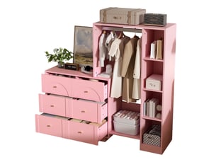 Armoire penderie rose 6 tiroirs, dressing ouvert métal et bois, vestiaire chambre enfant 139x35x133 cm