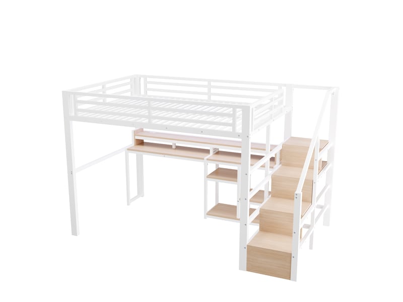Lit mezzanine, 140 × 200 cm, blanc, métal, led, usb + type-c, armoire-échelle, étagères, sans matelas, led pilotable par appli - Conforama A