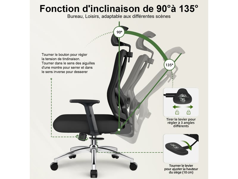  Fauteuil de bureau, fauteuil de bureau ergonomique, fauteuil de bureau avec soutien lombaire en mousse à mémoire de forme 3d  - Conforama E