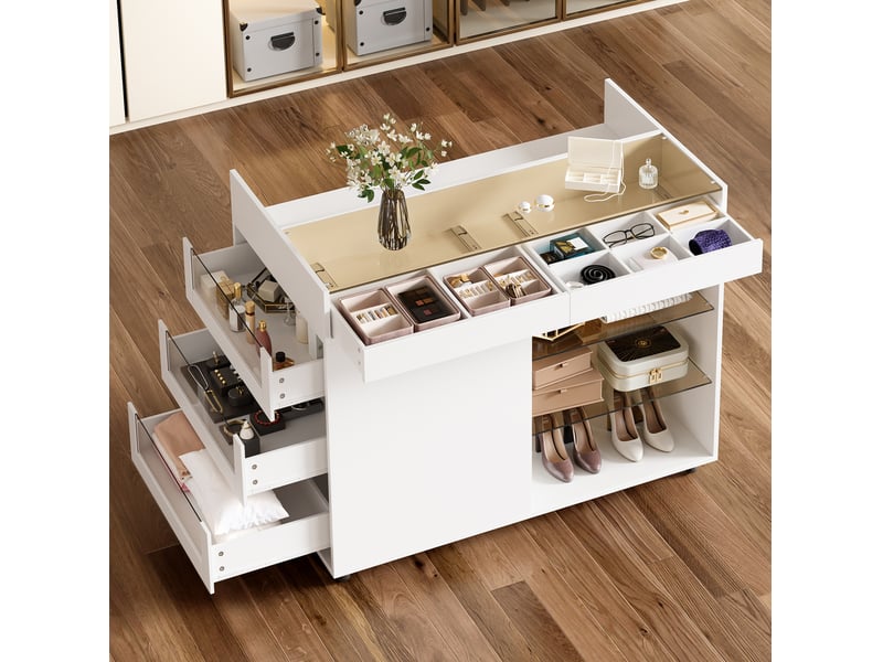 Commode coiffeuse avec 5 tiroirs compartimentés et roulettes pour chambre en verre et bois blanc 110 × 60 × 79 cm - Conforama D