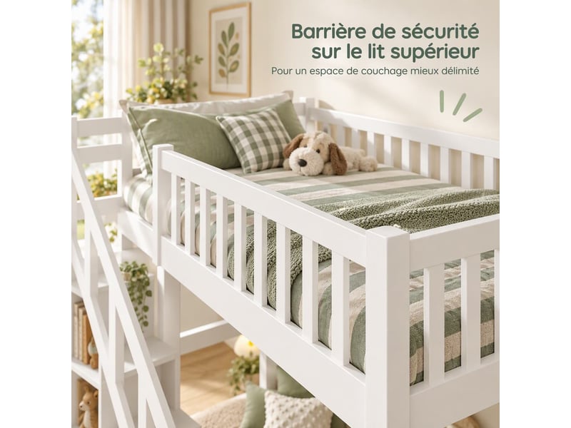  Lit mezzanine enfant 140x200 cm avec escalier de rangement, lit surélevé avec sommier et barrière, lit avec rangement, cadre de lit double, bois massif, blanc  - Conforama W