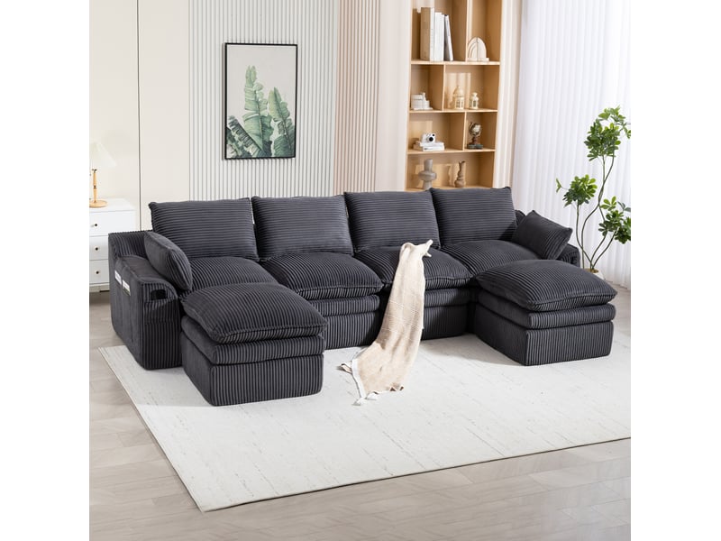  Canapé modulable ulevr 4 places en velours côtelé gris foncé avec 2 poufs, coussins et poches latérales  - Conforama E