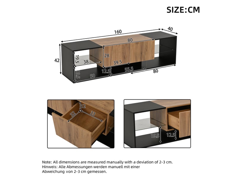  Meuble tv moderne noir pour écran jusqu’à 70 pouces avec 3 plateaux en verre et 2 tiroirs  - Conforama C