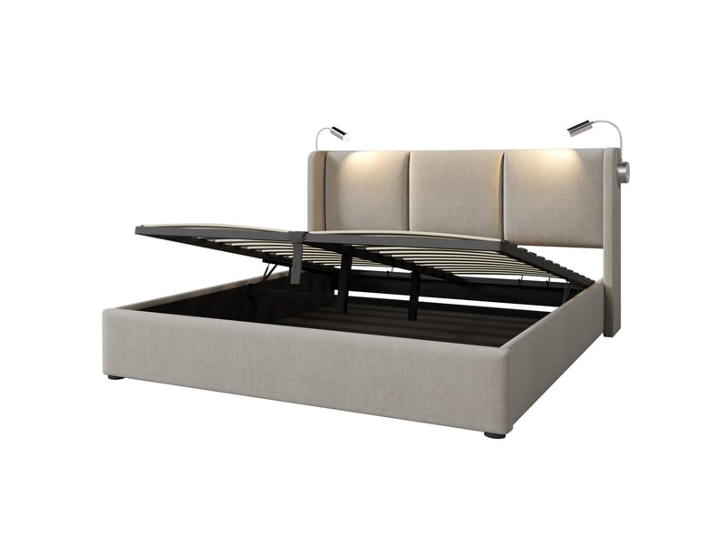 Lit coffre 160x200 cm beige en lin, usb et liseuses intégrées - Conforama A