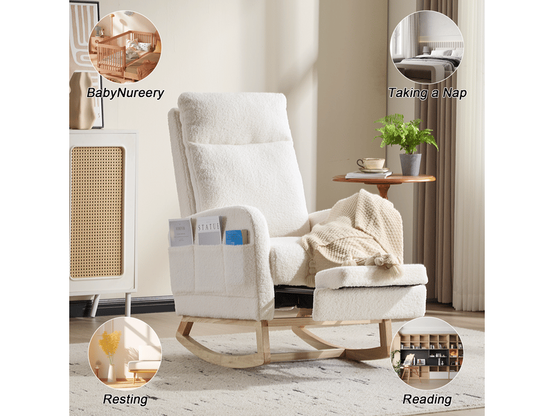  Fauteuil à bascule ergonomique en polaire douce et confortable, avec dossier haut, base en bois incurvée, blanc, réf. T6011p603662  - Conforama W