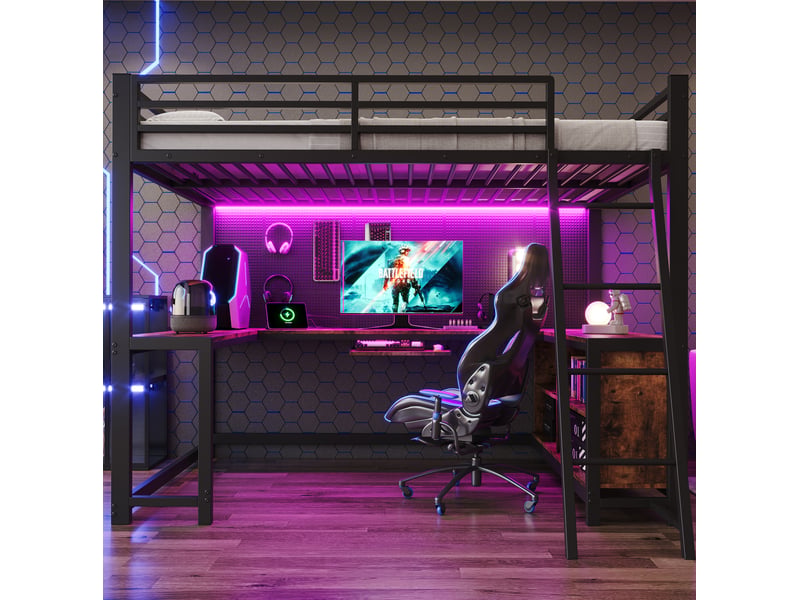  Lit mezzanine 120x200 cm avec bureau led et rangement, noir métal et décor bois, sans matelas  - Conforama W
