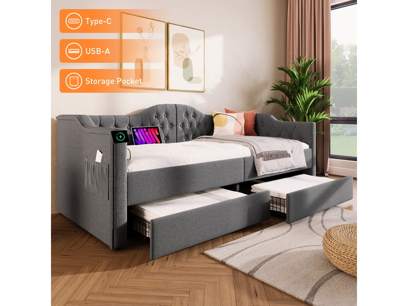 Lit combiné 90 x 190 cm - lit avec 2 tiroirs et ports usb - lin gris - sans matelas  - Conforama D