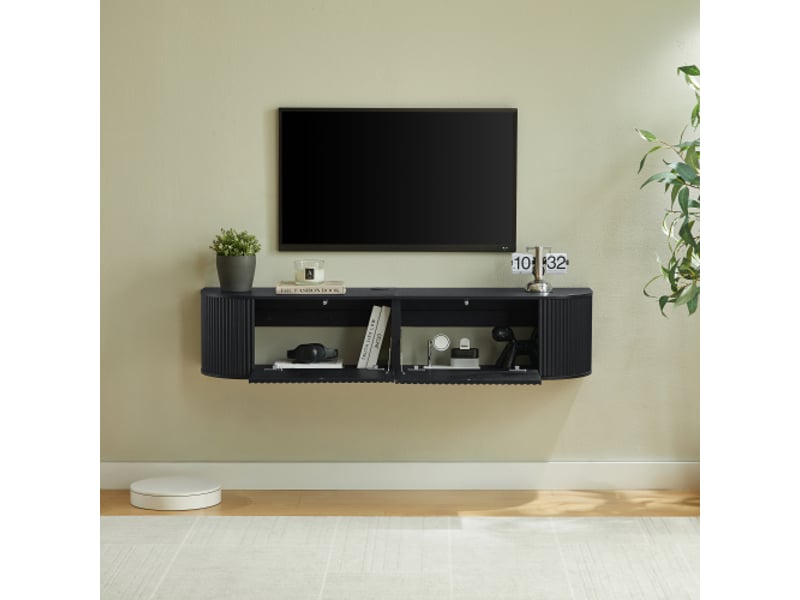  Meuble tv mural,140x32x30 cm,avec rangement et passe-câbles,mdf,noir  - Conforama C