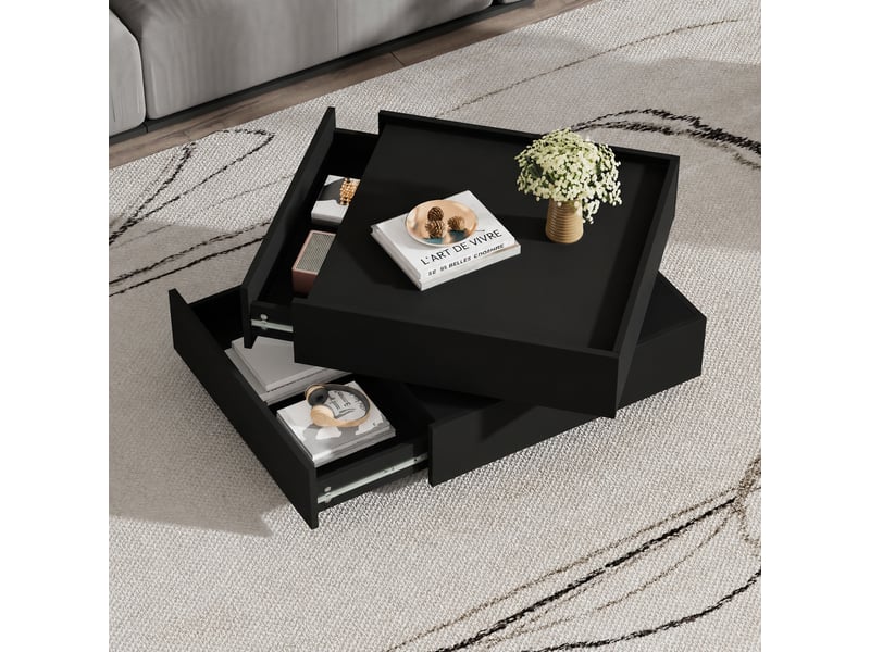  Table basse noire pivotante à 360° avec deux tiroirs, carrée 60 x 60 x 38 cm  - Conforama B