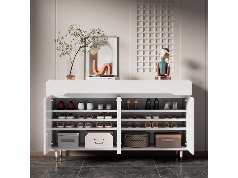  Meuble à chaussures - meuble à chaussures moderne avec 2 tiroirs, étagères ajustables et pieds dorés, armoire de rangement pour entrée, blanc - 140×39×84 cm  - Conforama D