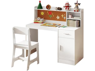 Bureau enfant avec chaise, bureau avec rangement étagère tiroir armoire, panneau en liège, table chaise enfant pour manger (blanc)