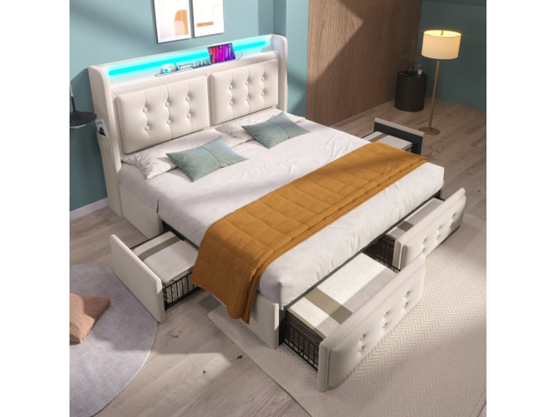 Lit double 160x200cm tissu beige - led, usb-c, 4 tiroirs rangement, sommier inclus. - Conforama R