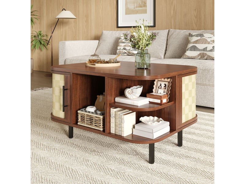  Table basse avec rangement forme courbée surface tressée corps en mdf poignées métalliques pieds en métal espace de rangement  - Conforama B