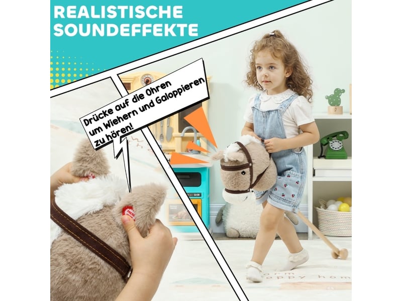  Cheval à bâton sonore à roulettes 95x25x27 cm – gris – effets sonores et tige en bois pour enfants dès 24 mois  - Conforama E