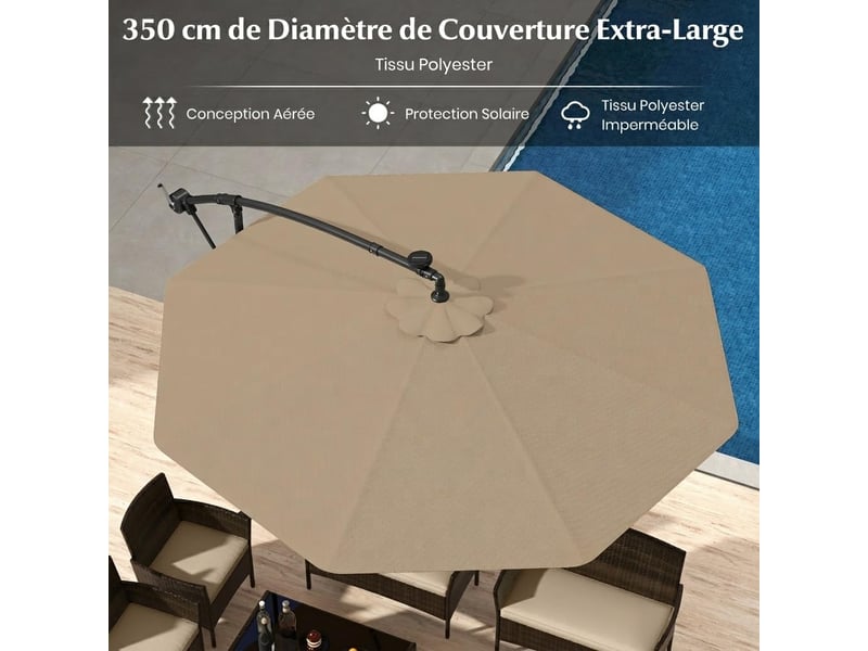  Parasol de jardin extérieur avec pied, parasol déporté 3,5x3,5m, avec 40 lampes solaires, toile inclinable, manivelle, 8 baleines, anti-uv (marron)  - Conforama B