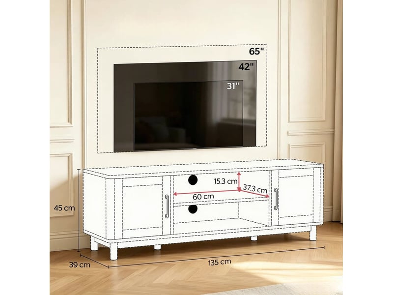 Meuble tv à 2 portes, niches ouvertes et passe-câbles, finition chêne clair, panneaux de particules 135 × 39 × 45 cm  - Conforama C