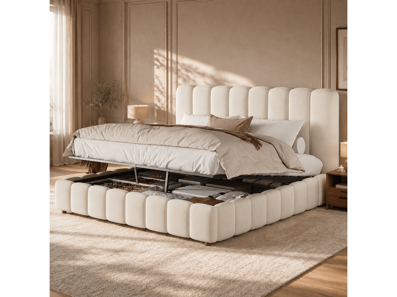  Lit capitonné, lit double, 160 x 200 cm, sommier à lattes, tête de lit rembourrée, grand espace de rangement, beige, velours  - Conforama B