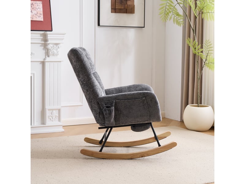  Fauteuil à bascule d'allaitement gris foncé en tissu chenille avec dossier haut et coussins d'air réglables  - Conforama E