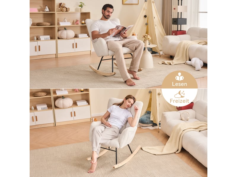  Fauteuil à bascule en tissu bouclette 80x70x95 cm, dossier haut capitonné, accoudoirs rembourrés, base en bois et métal - blanc  - Conforama D