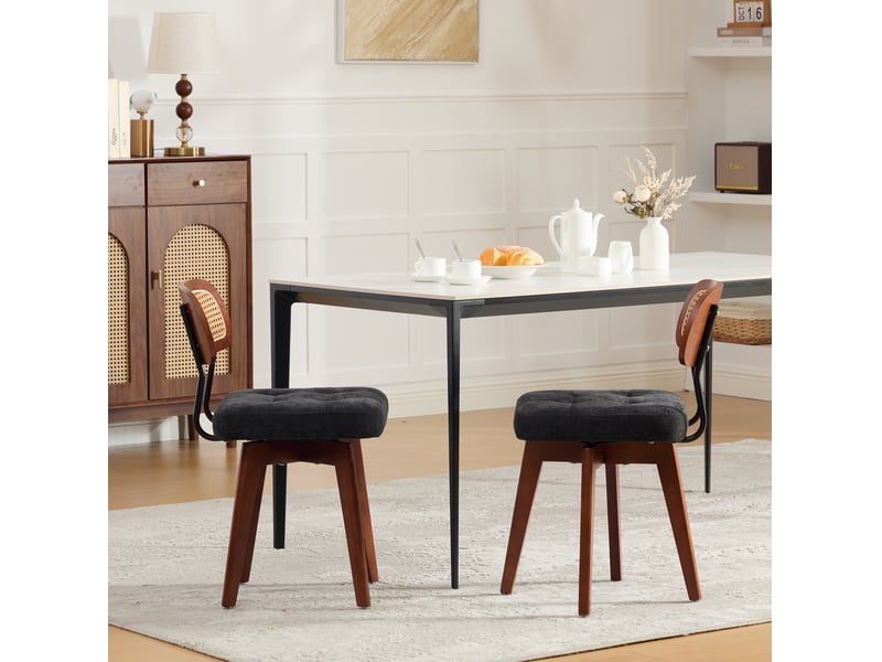  Chaise de salle à manger lot de 2 pivotante à 360° avec dossier tressé et assise en chenille noire  - Conforama D