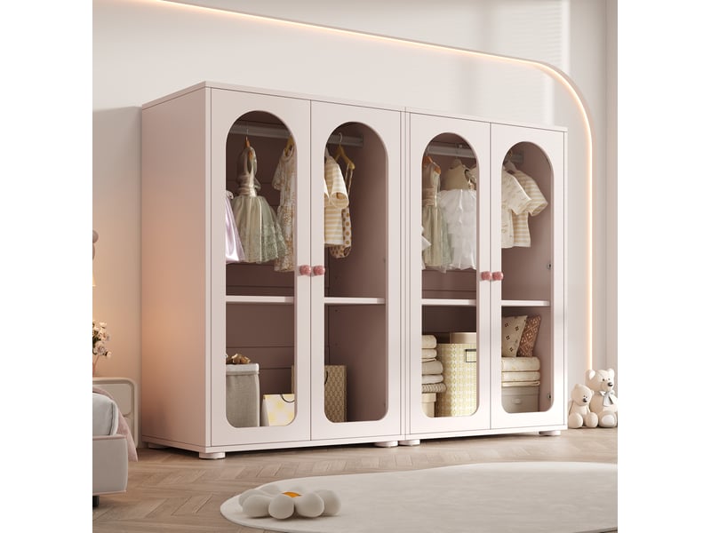  Armoire 2 portes 160x50x120 cm, portes transparentes en acrylique, surface laquée, mdf, rose bébé  - Conforama C