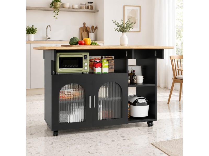  Desserte de cuisine 120 cm à plateau rabattable, rangement et roulettes, noir naturel  - Conforama B