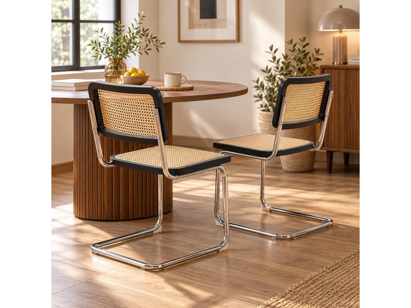  Lot de 2 chaises de salle à manger noires et bois, dossier en rotin, piètement chromé, style cantilever  - Conforama D