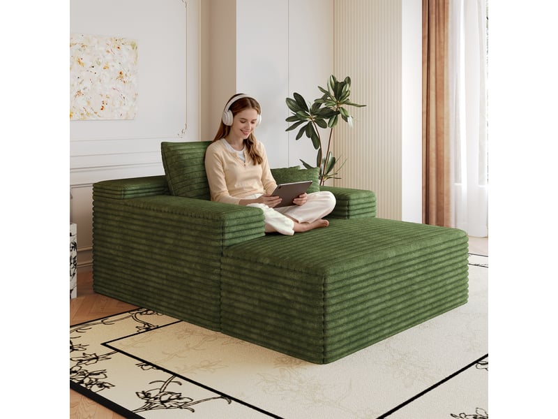 Canapé velours côtelé vert, méridienne assise profonde sans montage pour appartement, 115x159cm - Conforama E