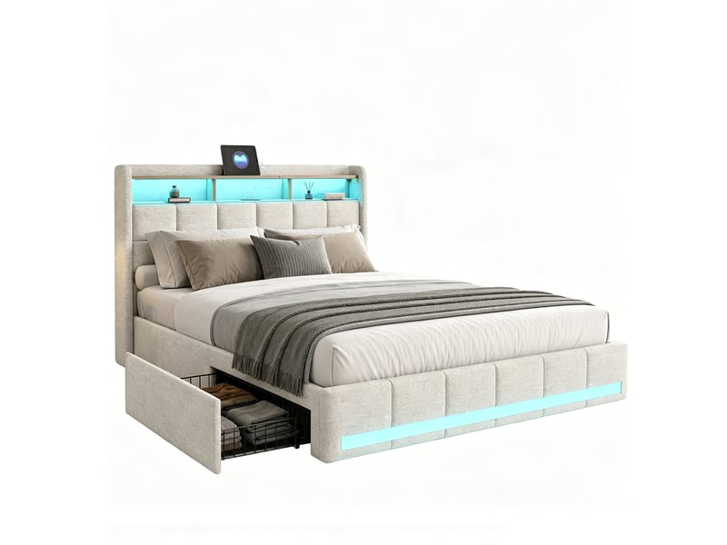  Lit rembourré 140 x 190 cm, lit double avec éclairage led et 4 tiroirs, tête de lit avec espace de rangement et port usb, lin, beige 240726YTT0301#ADhMGHWz3FDELLM - Conforama A