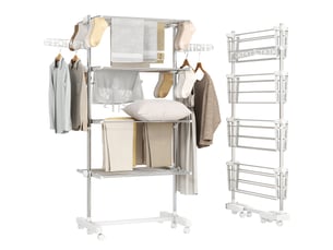 Étendoir à linge vertical à 4 niveaux avec 6 roues, 2 côtés rabattables, étagères réglables et structure en acier inoxydable - argent