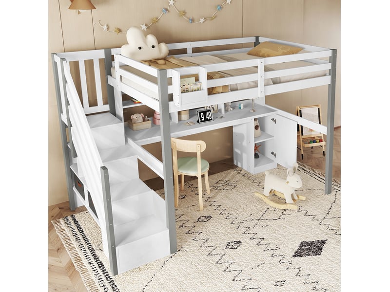 Lit mi-hauteur 90x200 cm avec bureau et rangements, blanc et gris - Conforama D