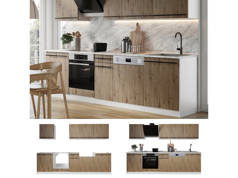  Vicco cuisine, chêne artisanblanc, 280cm plan de travail chêne doré  - Conforama D