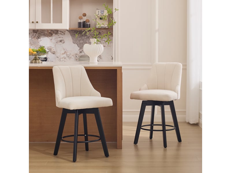  Lot de 2 tabourets de bar pivotants 53x53.5x94.5cm - avec dossier et repose-pédales en métal - tissu chenille - beige  - Conforama B