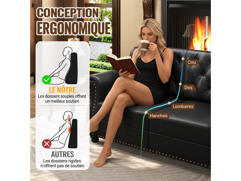 Ensemble canapés chesterfield 3 + 1 places avec pouf en simili noir, capitonné, accoudoirs roulés, ressorts ensachés 210X76X86cm - Conforama E