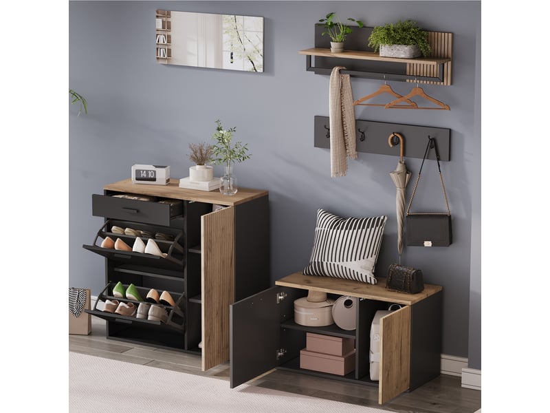  Meuble d'entrée complet, ensemble de vestiaire d'entrée 5 pièces avec meuble à chaussures banquette miroir étagère et patères, naturel  - Conforama R