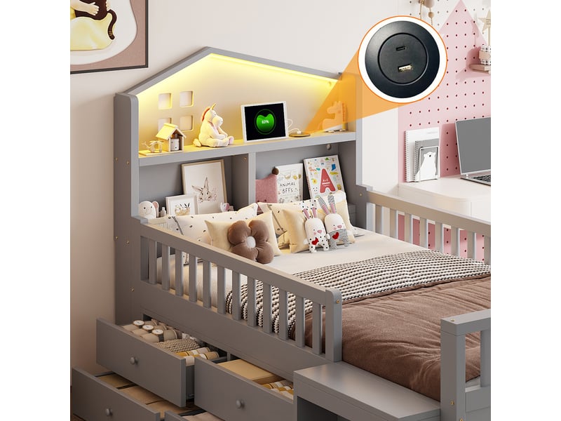 Lit enfant 90x200 cm gris en bois massif avec 4 tiroirs, marche, led, usb et type-c - Conforama E