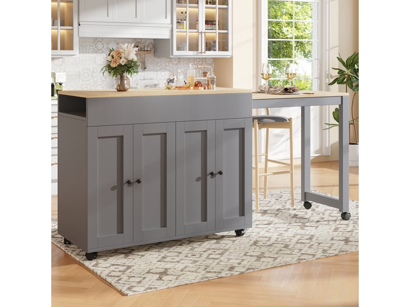  Table de bar extensible avec espace de rangement, îlot central de cuisine pour 4 à 6 personnes, 118-180x50x94cm, couleur grise  - Conforama E