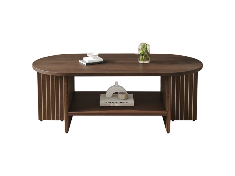  Table basse ovale 100x49x35 cm avec étagère basse, côtés rainurés, bords arrondis, plateau mdf effet noyer, rangement ouvert pour salon  - Conforama A