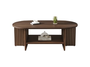 Table basse ovale 100x49x35 cm avec étagère basse, côtés rainurés, bords arrondis, plateau mdf effet noyer, rangement ouvert pour salon