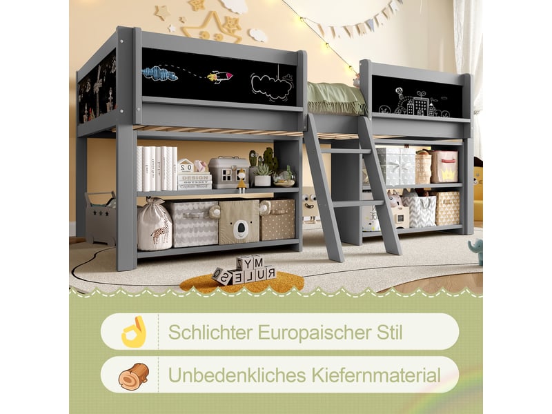  Lit simple 90x200 cm avec plusieurs étagères de rangement, lit enfant avec balustrade, échelle, lit mi-hau, bois de pin, gris  - Conforama W