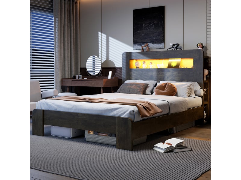  Cadre de lit en bois avec espace de rangement dans la tête de lit, éclairage led, prises intégrées, lit plateforme moderne en bois vintage 140 x 200 cm  - Conforama B