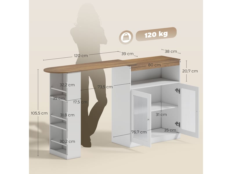 Table de bar extensible et pivotante à 90° avec étagères ouvertes et 2 portes vitrées 150 x 80 x 105,5 cm blanc et naturel  - Conforama E