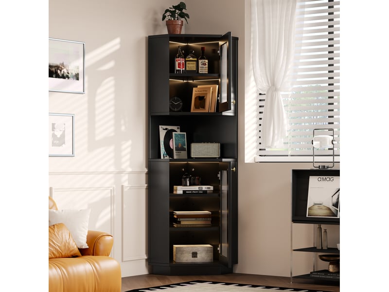  Meuble de rangement pour salle de bain, armoire de bain avec bande lumineuse, meuble d'angle à deux compartiments d'étagères ouvertes avec parois réglables, 45x45x166,5 cm, noir  - Conforama B
